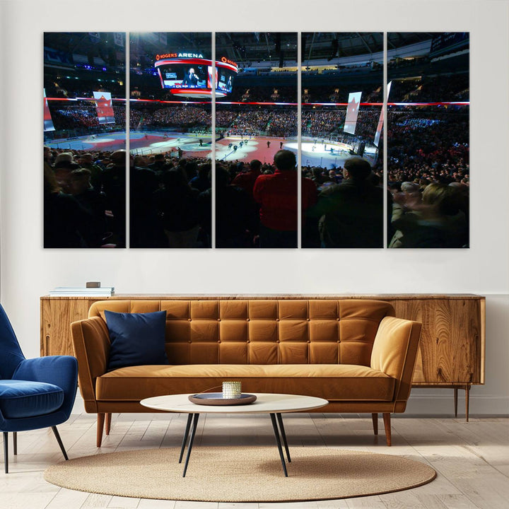 Experience the intense atmosphere of a full-capacity ice hockey game at Rogers Arena, home of the Vancouver Canucks, captured on museum-quality canvas.