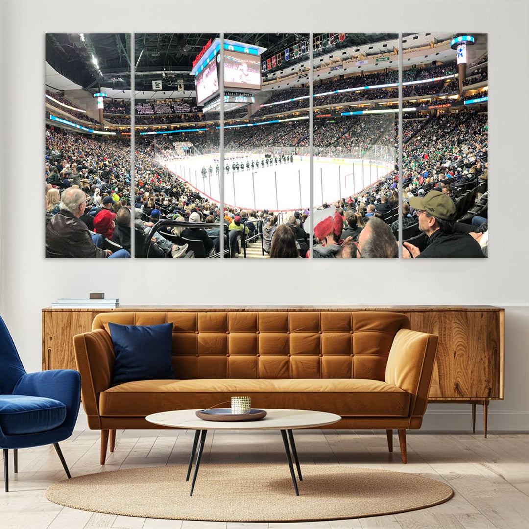 The Xcel Energy Center St Paul Minnesota Wild Ice Hockey Stadium Wall Art Canvas Print captures a packed hockey arena with spectators watching players on the ice. It is elegantly preserved on museum-quality canvas with vibrant details protected by a UV-protective coating.