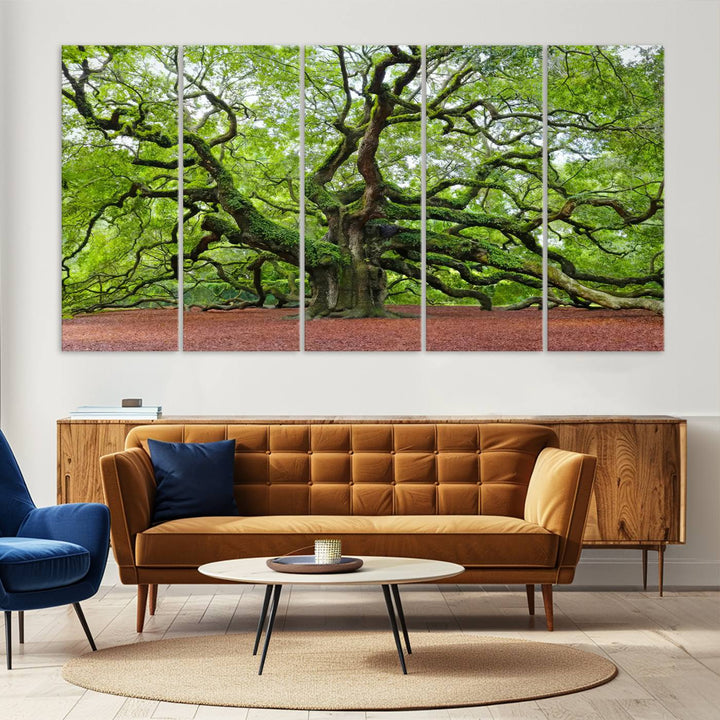 Framed Angel Oak Tree Wall Art - 3-Panel Canvas Prints, Large Green Nature Artwork, Ready to Hang Home Decor for Living Room, Office, Bedroom