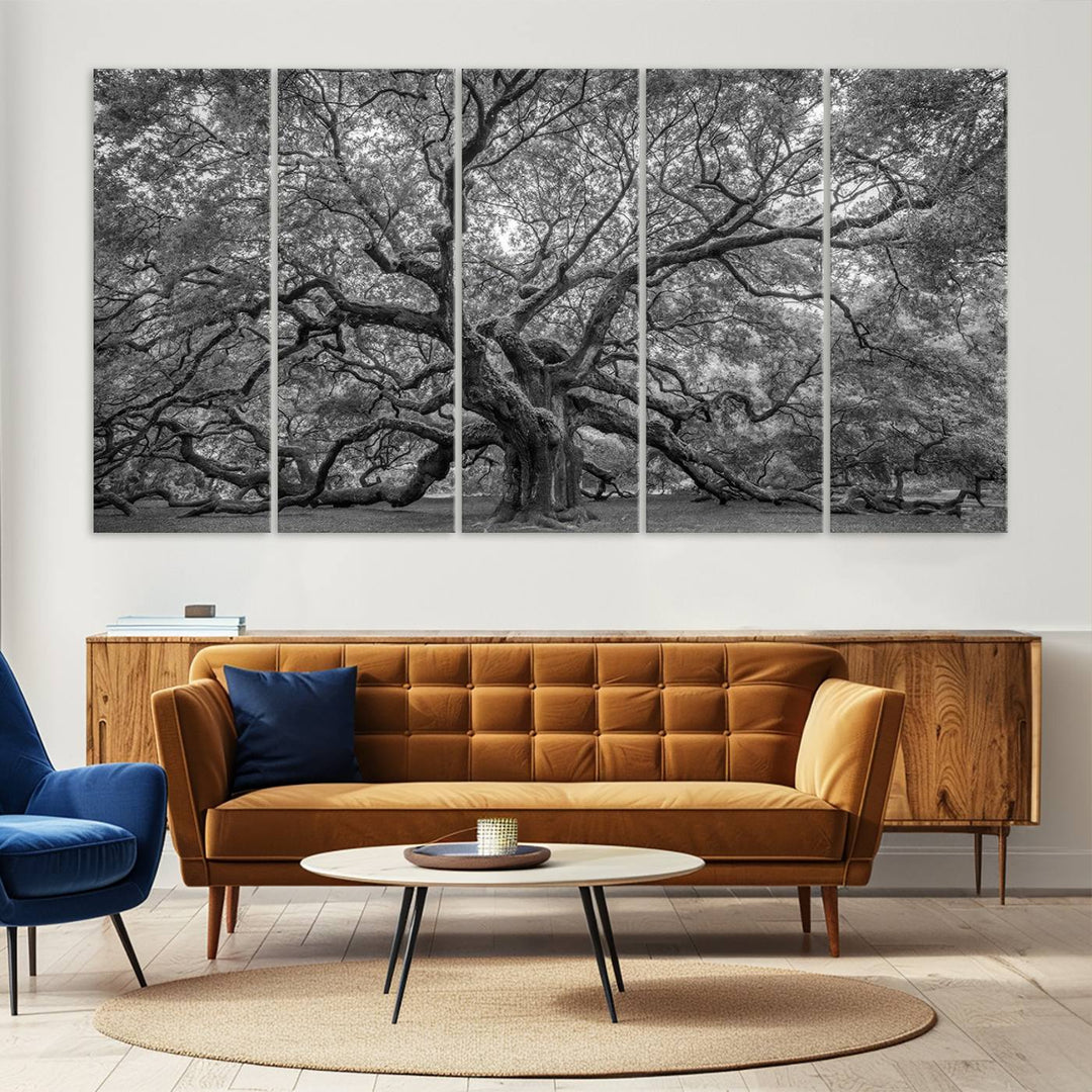 Majestic Angel Oak Tree Black and White Canvas Print – Multi Panel Wall Art, Giclée Print, Ready to Hang Nature Photography for Home Decor