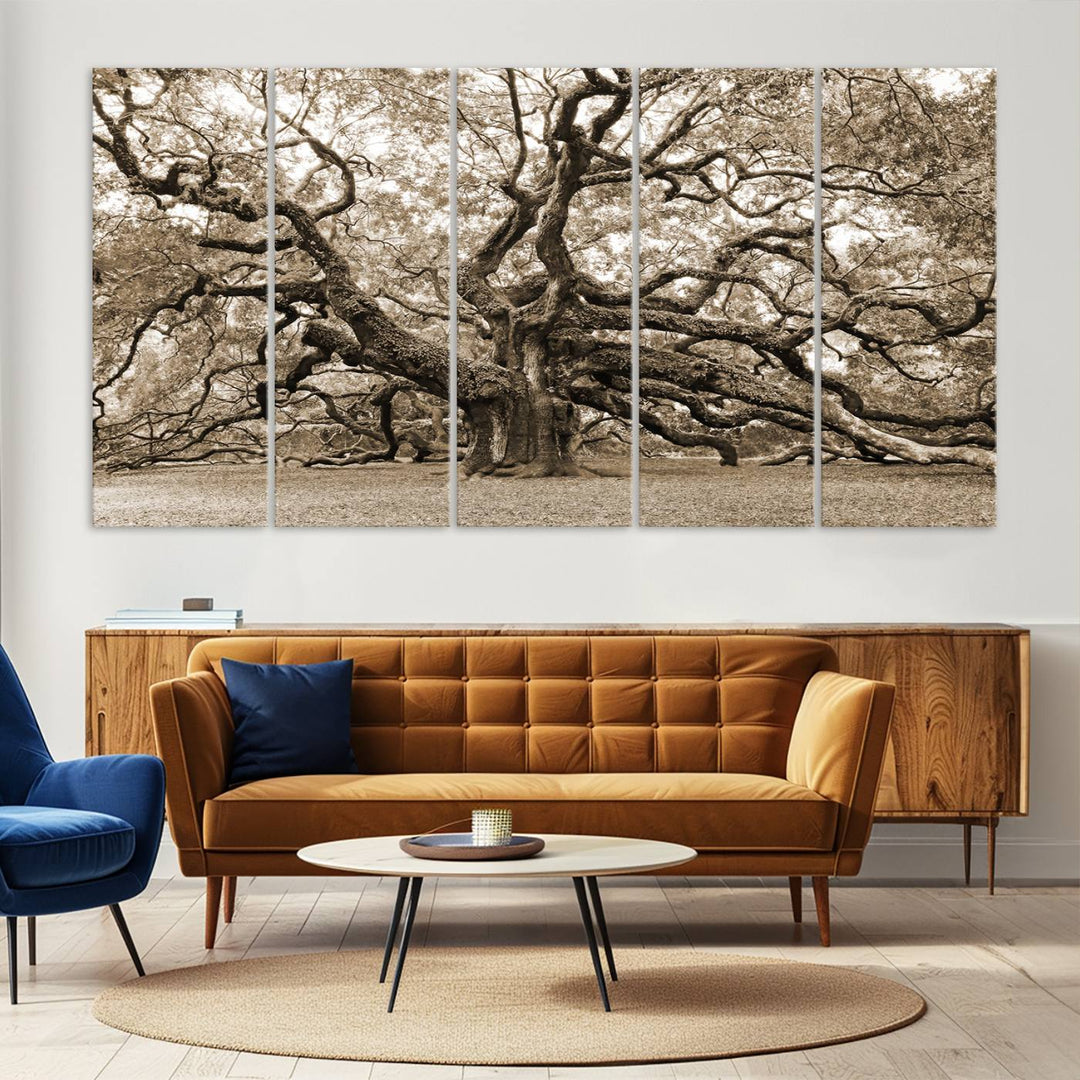 Displayed on the wall is a Sepia-framed Angel Oak Tree 3-panel canvas.