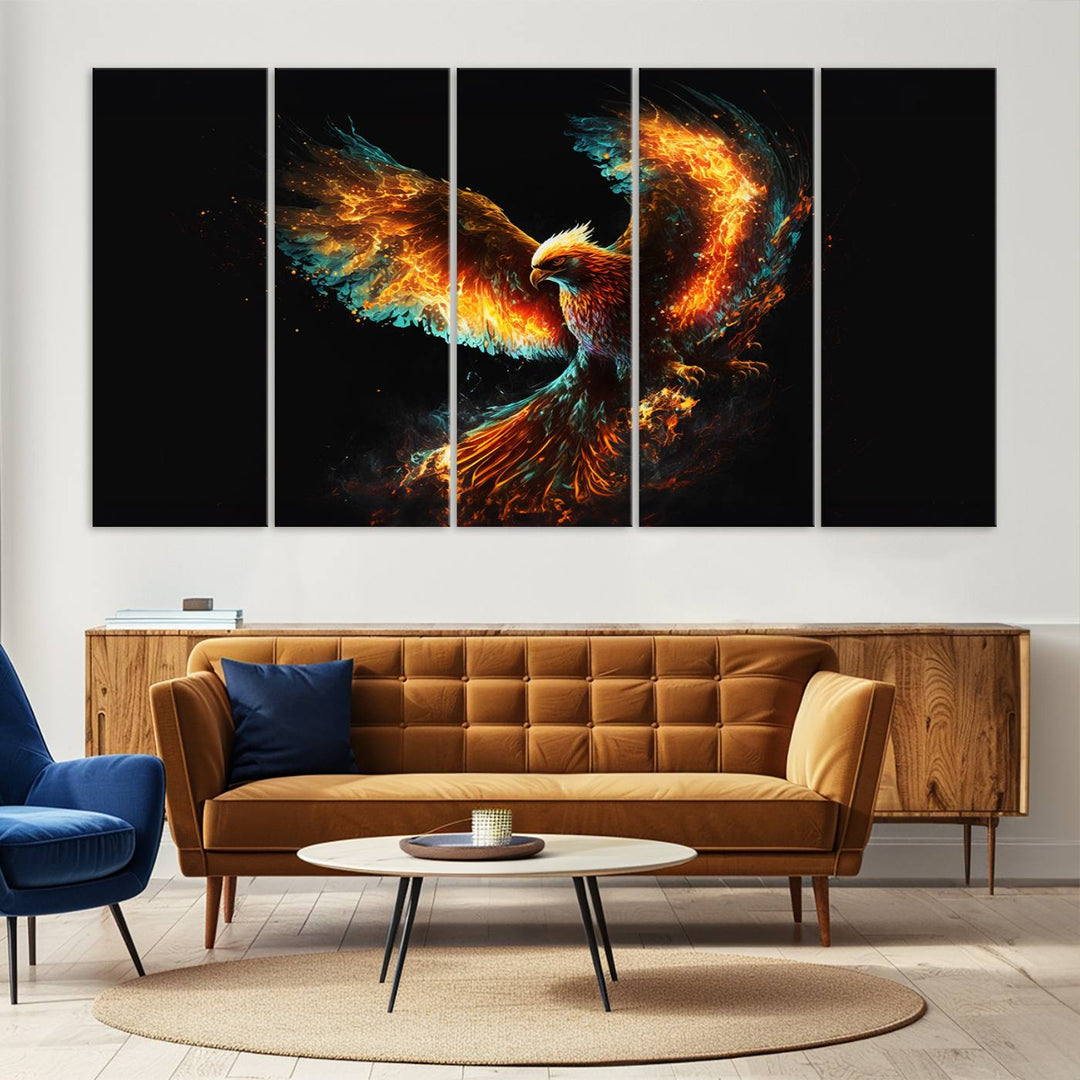 Fiery Phoenix Canvas Print | Ready to Hang Wall Art | Bold Fantasy Decor for Living Room | Majestic Bird Artwork