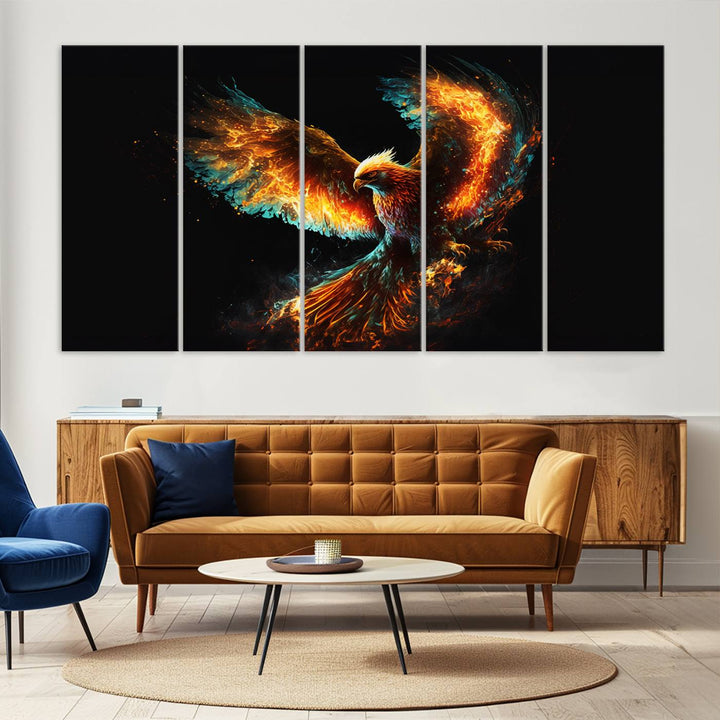 Fiery Phoenix Canvas Print | Ready to Hang Wall Art | Bold Fantasy Decor for Living Room | Majestic Bird Artwork