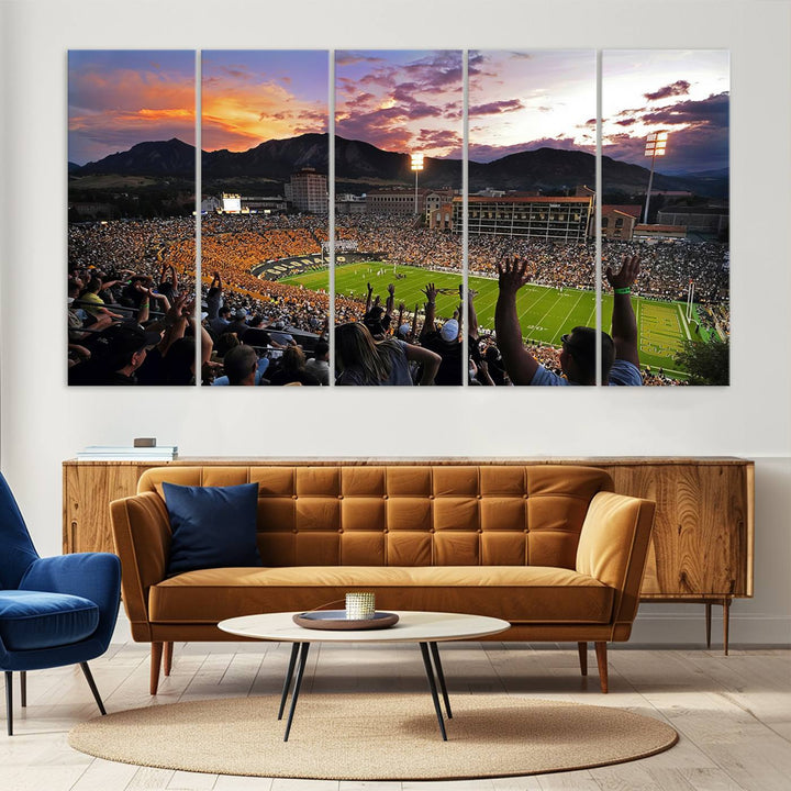 The Folsom Field Stadium Print beautifully captures the Colorado Buffaloes stadium at sunset, set against a stunning mountain backdrop.