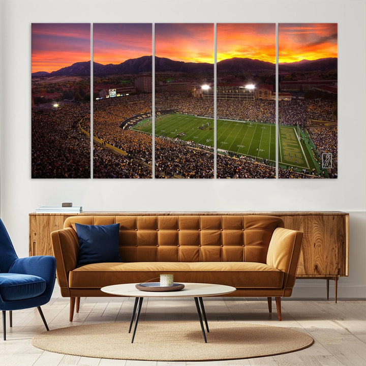The Colorado Buffaloes Football Print features Folsom Field surrounded by mountains at sunset, set against vibrant skies.