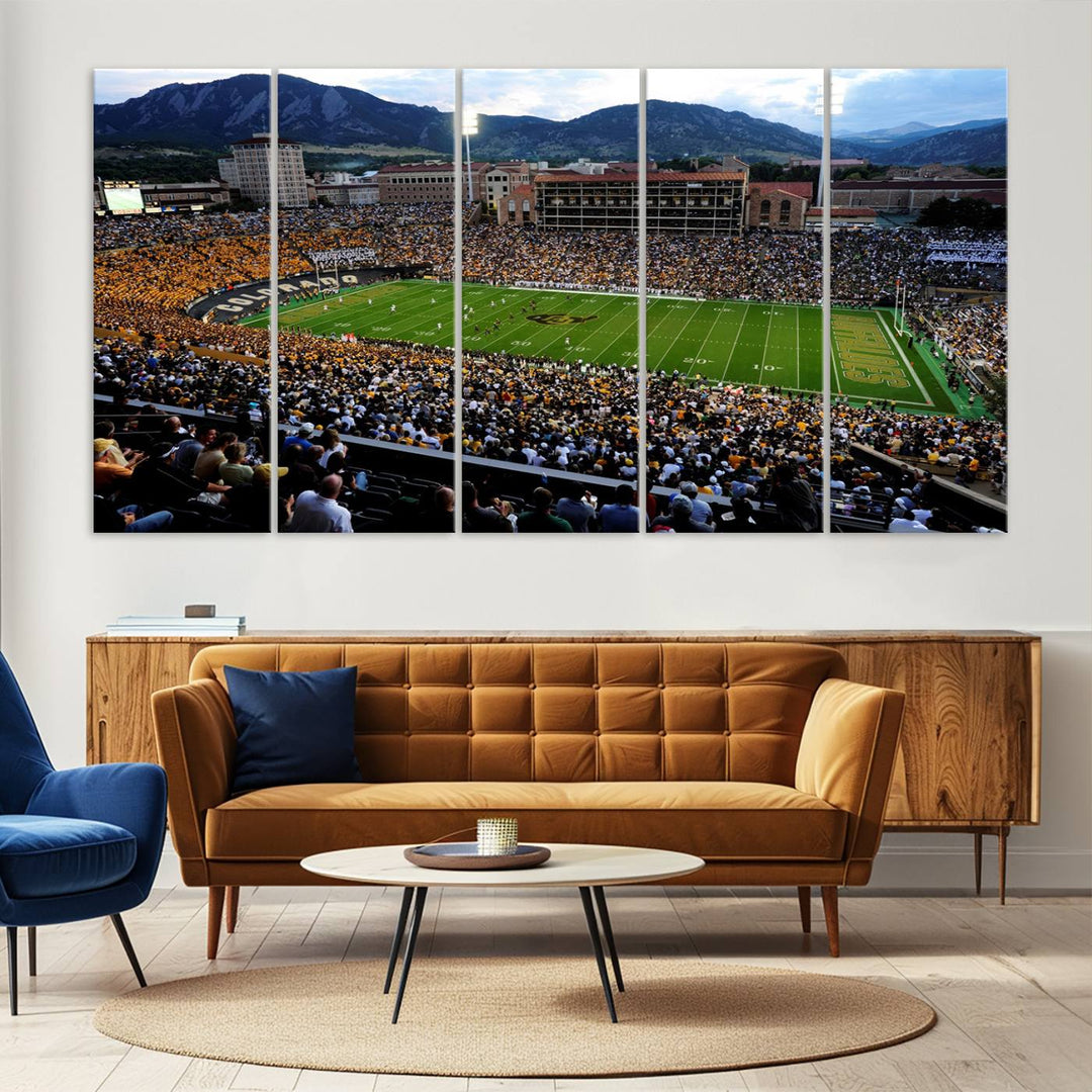 A canvas print captures the Colorado Buffaloes at Folsom Field, framed by mountains in the background.