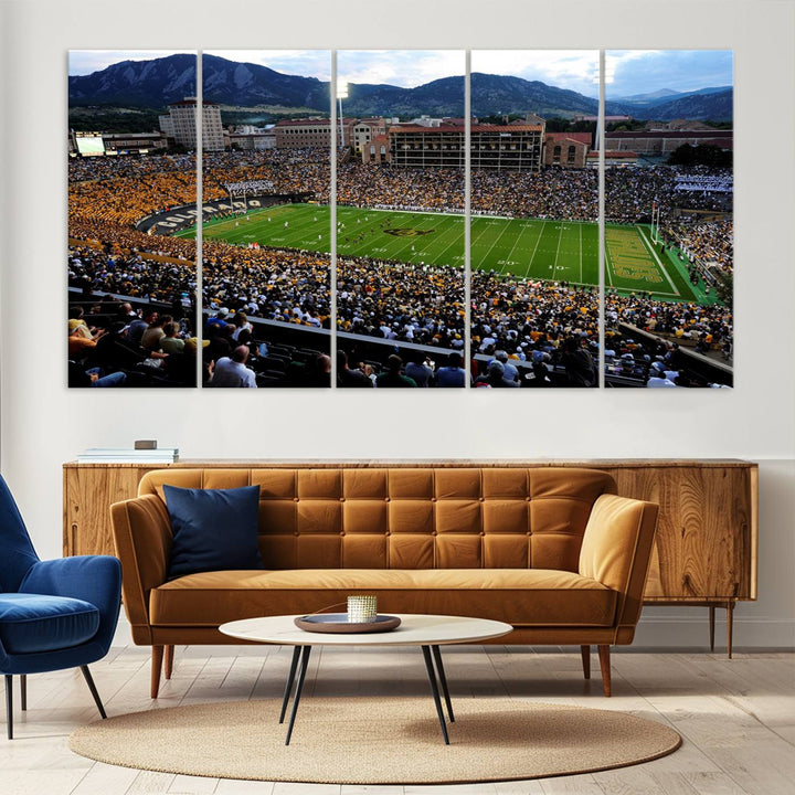 A canvas print captures the Colorado Buffaloes at Folsom Field, framed by mountains in the background.