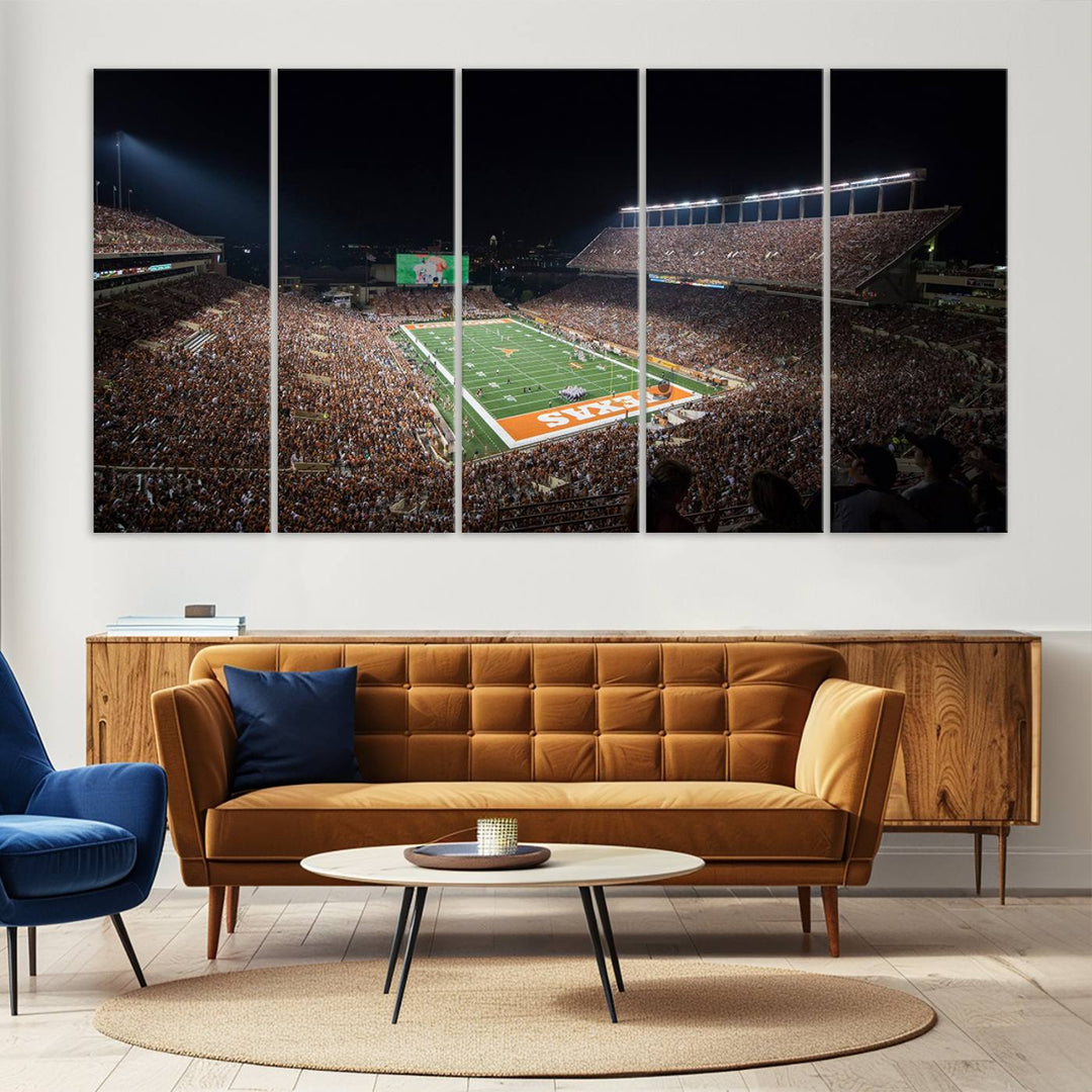 A football game at a packed stadium is captured on the University of Texas Longhorns Stadium Canvas Print.