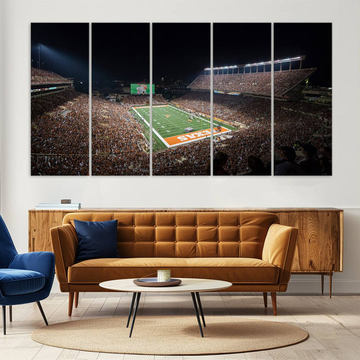 A football game at a packed stadium is captured on the University of Texas Longhorns Stadium Canvas Print.