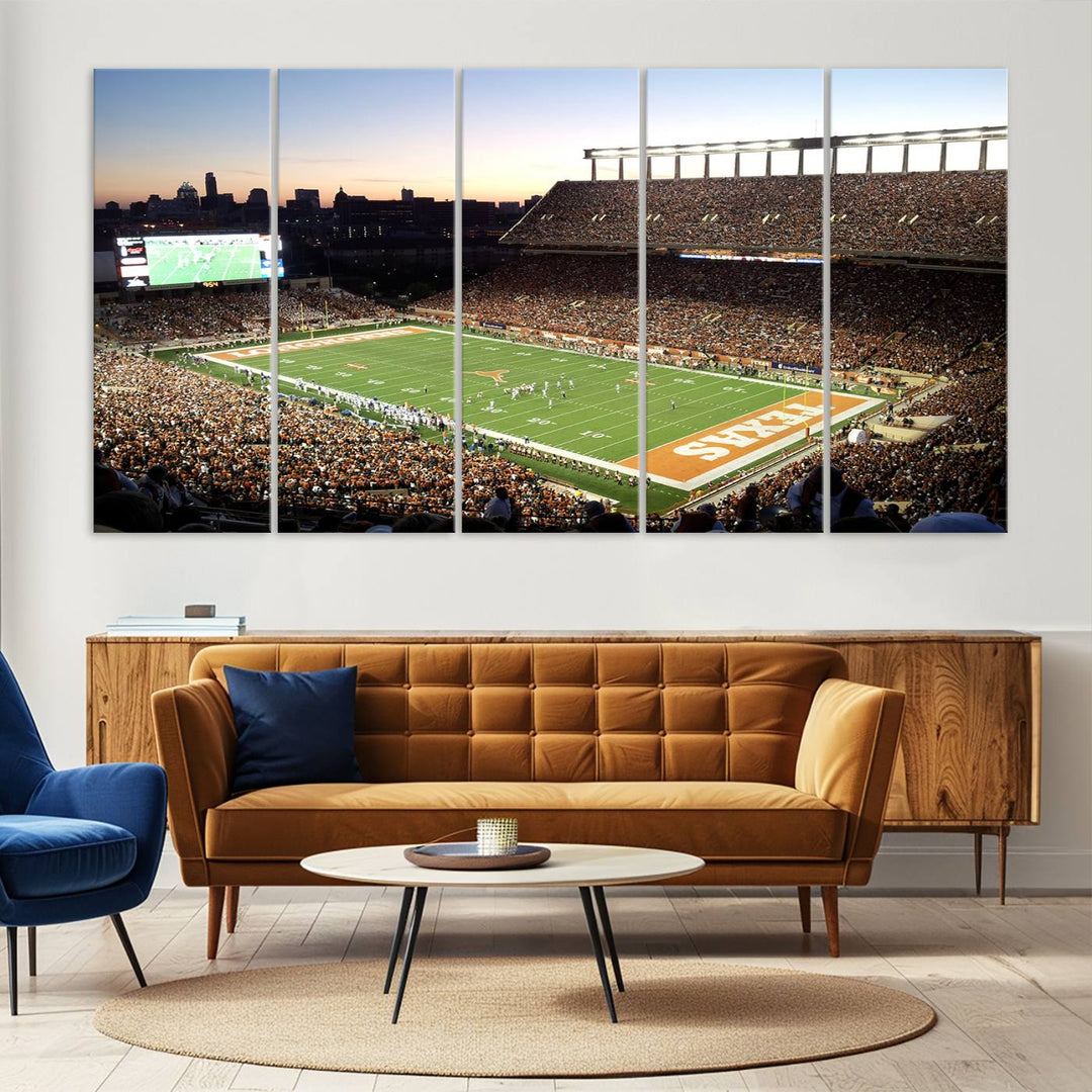 The Evening Game canvas art captures a glowing sunset and skyline at Texas Longhorns Darrell K Royal Stadium.