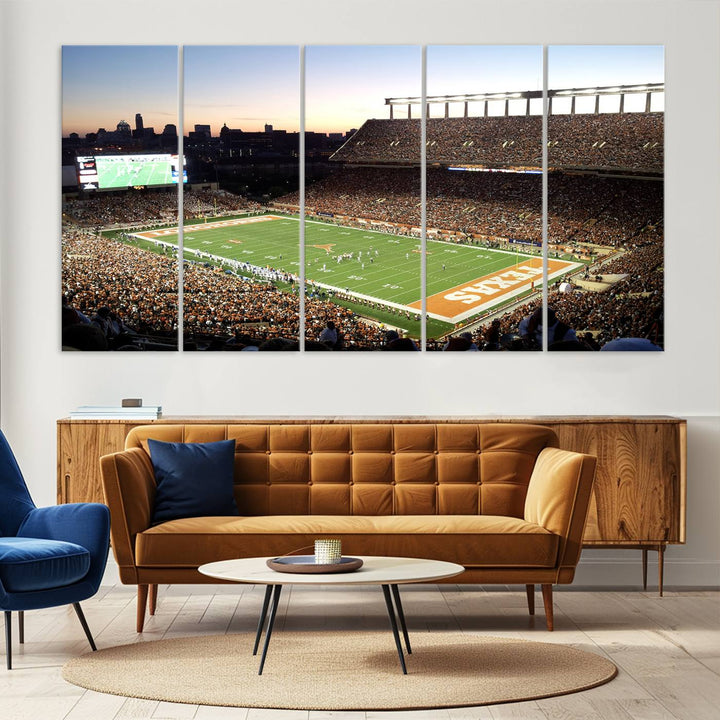 The Evening Game canvas art captures a glowing sunset and skyline at Texas Longhorns Darrell K Royal Stadium.