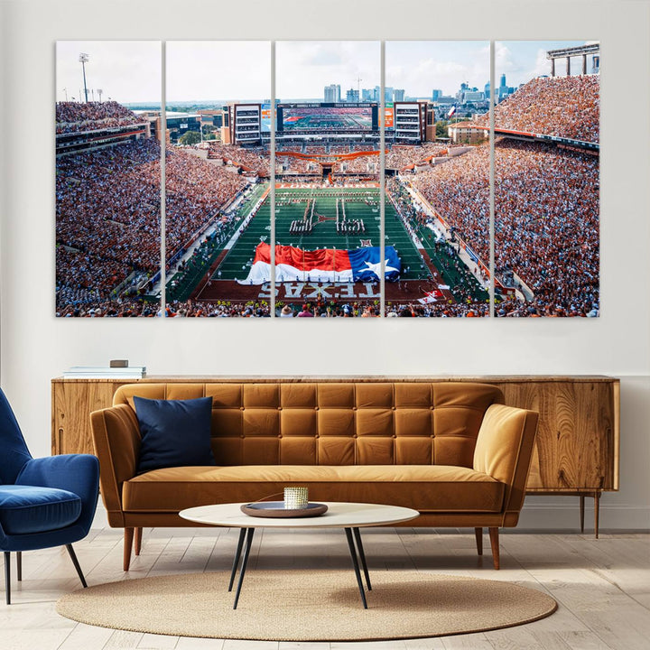 University of Texas Longhorns canvas: A premium print depicting Darrell K Royal-Texas Memorial Stadium with the city skyline and Texas flag.