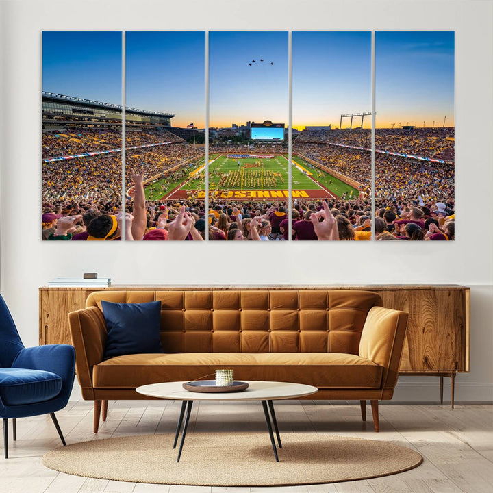 Canvas wall art featuring the University of Minnesota Football Team print, showcasing Huntington Bank Stadium at sunset with jets overhead.