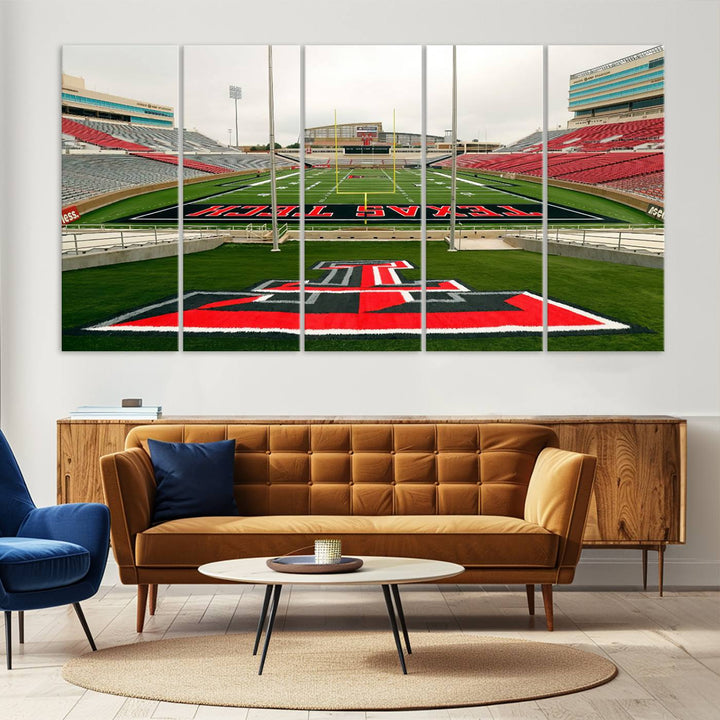 Gallery-quality print of Lubbock Jones AT&T Stadium featuring the Texas Tech Red Raiders field, highlighted by red and gray bleachers.