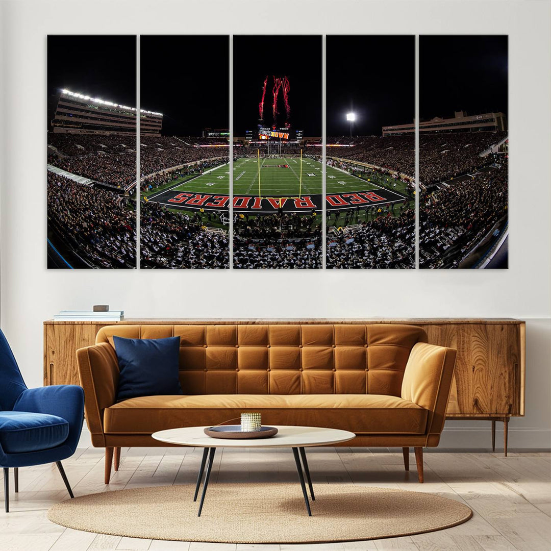 The wall features a Texas Tech Red Raiders Football Team Print on canvas, showcasing fireworks over a packed stadium at night.