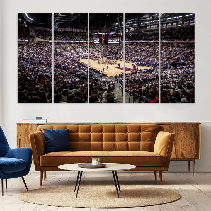 The Nebraska Basketball Arena Wall Art Canvas features an arena filled with Cornhuskers fans and players beneath a scoreboard.