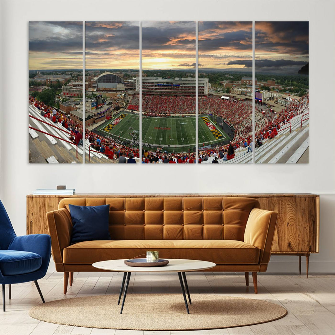 The University of Maryland Terrapins Football Team Print features SECU Stadium at sunset with vibrant skies.