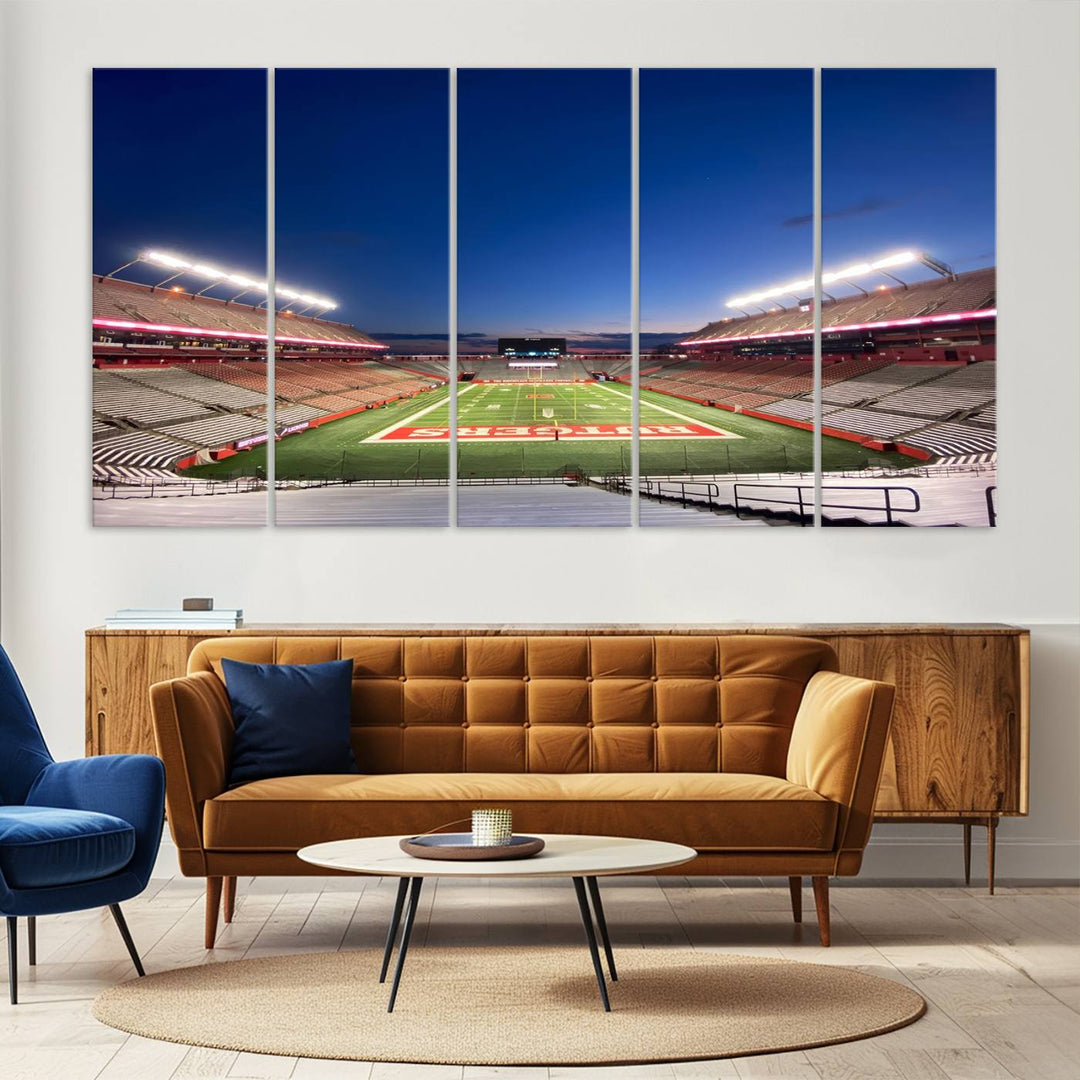 A large SHI Stadium at dusk, ideal for a Rutgers Scarlet Knights Football Team canvas print.