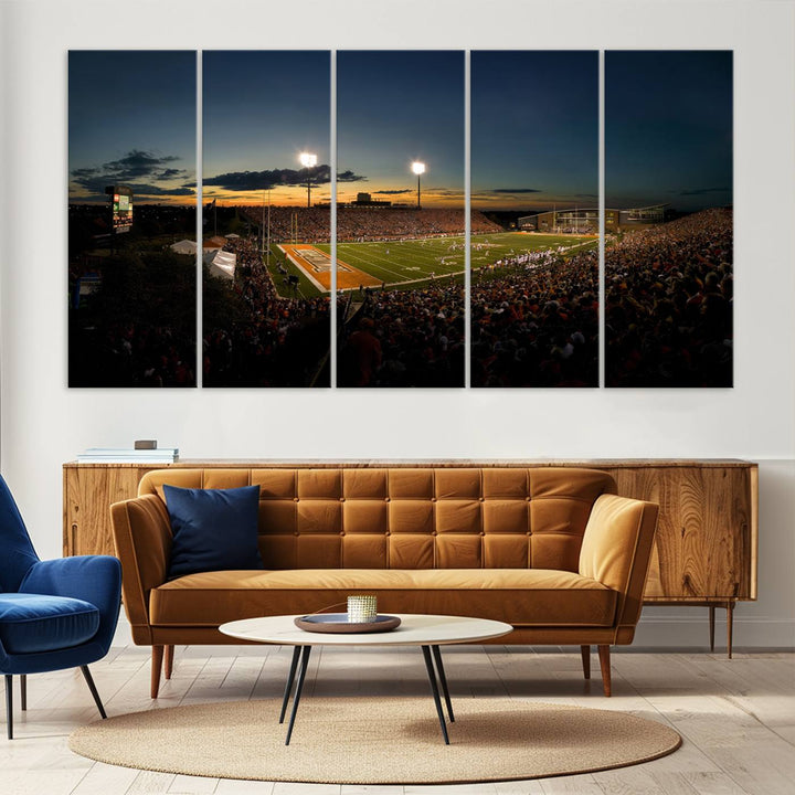 Ball State Cardinals Football Team Print - Muncie Scheumann Stadium Canvas featuring a sunset, floodlights, and lively crowd.