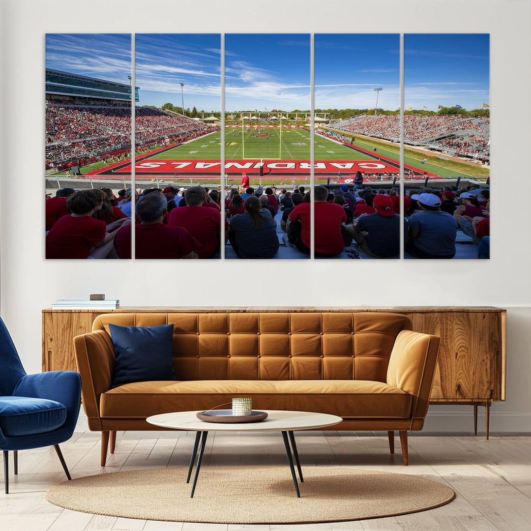 The Ball State Cardinals wall art on canvas depicts fans in red at Scheumann Stadium.