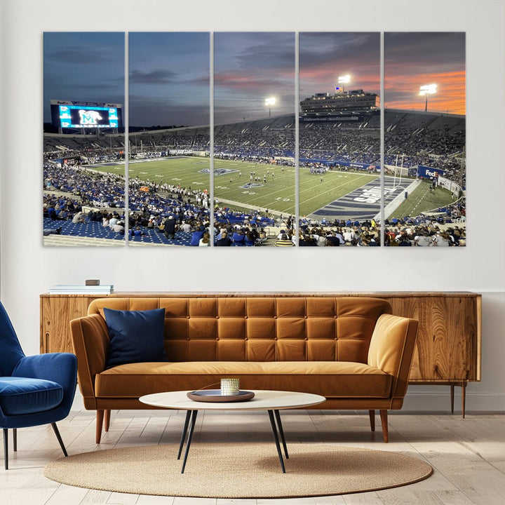 A Memphis Tigers football canvas print of Simmons Bank Liberty Stadium at sunset enhances the living room.