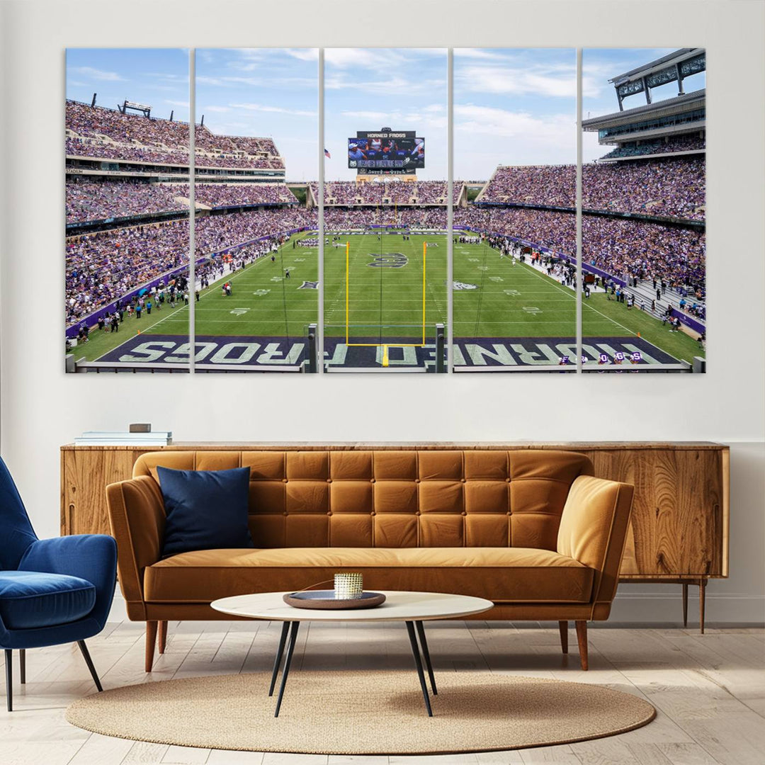 The TCU Horned Frogs print portrays a vibrant Amon G. Carter Stadium, filled with energy and game action.