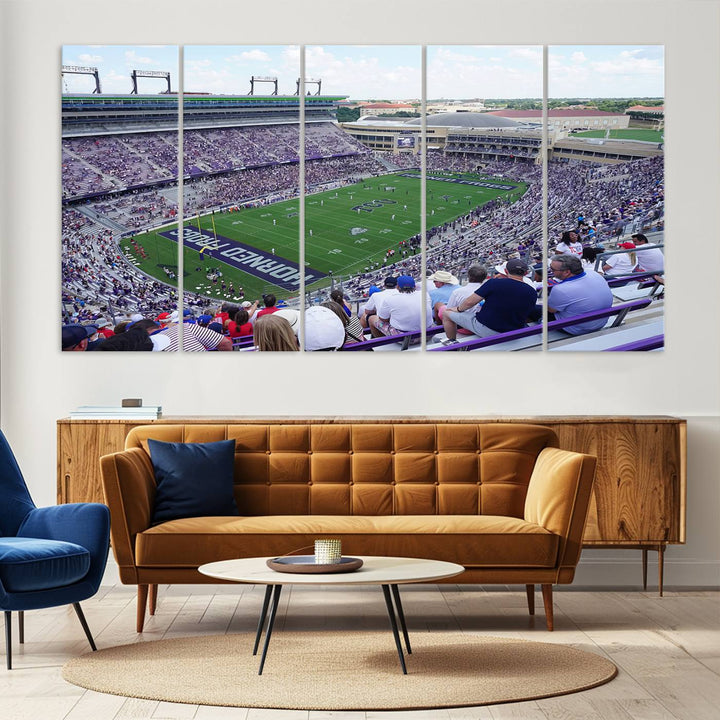 Amon G. Carter Stadium wall art canvas showcasing the TCU Horned Frogs and packed stands at Fort Worth.