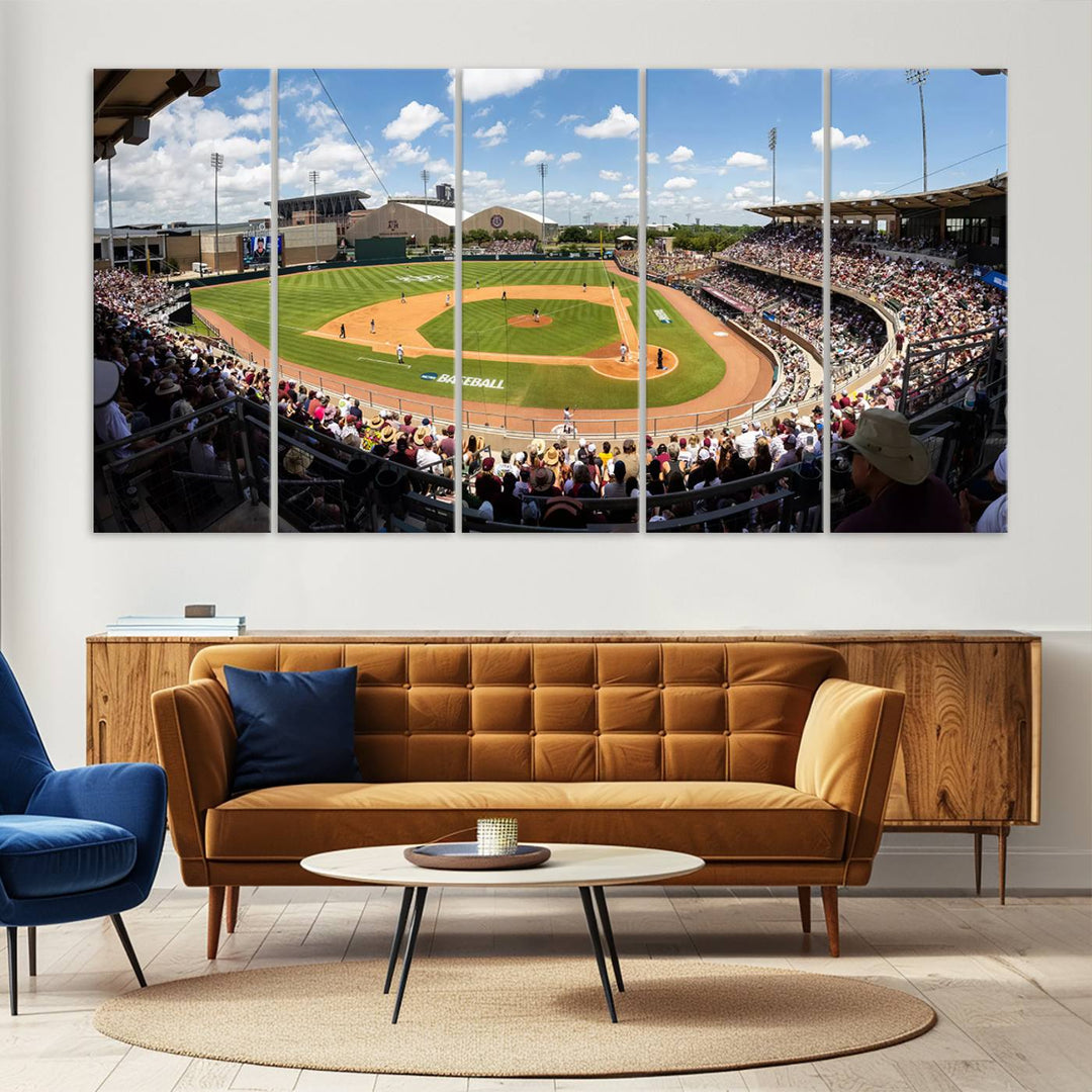 A baseball stadium under a blue sky, capturing the energy of The Texas A&M Aggies Athletics Kyle Field Wall Art.