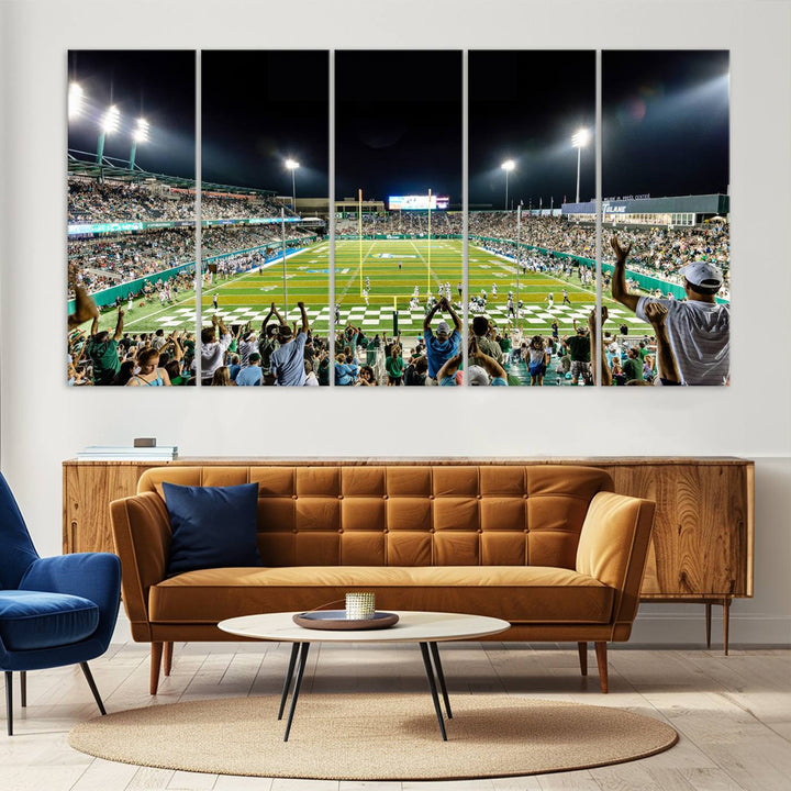 This vibrant wall art canvas print captures the excitement of fans cheering for the Tulane Green Wave Football Team under the lights of Yulman Stadium.