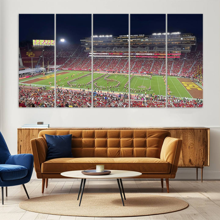 Canvas print depicting a packed stadium at night with a marching band forming USC, celebrating the Trojans at Los Angeles Memorial Coliseum.