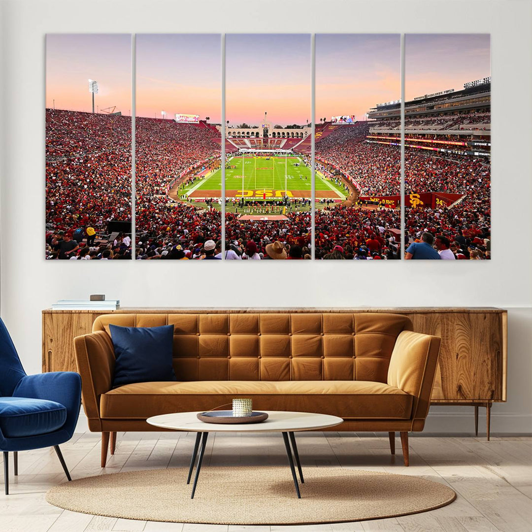 A USC Trojans wall art canvas print highlights the scene, depicting the Coliseum Stadium at sunset.