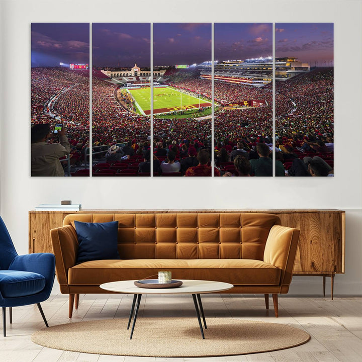 The vibrant wall art canvas print captures the USC Trojans playing under lights at dusk in LA Memorial Coliseum.