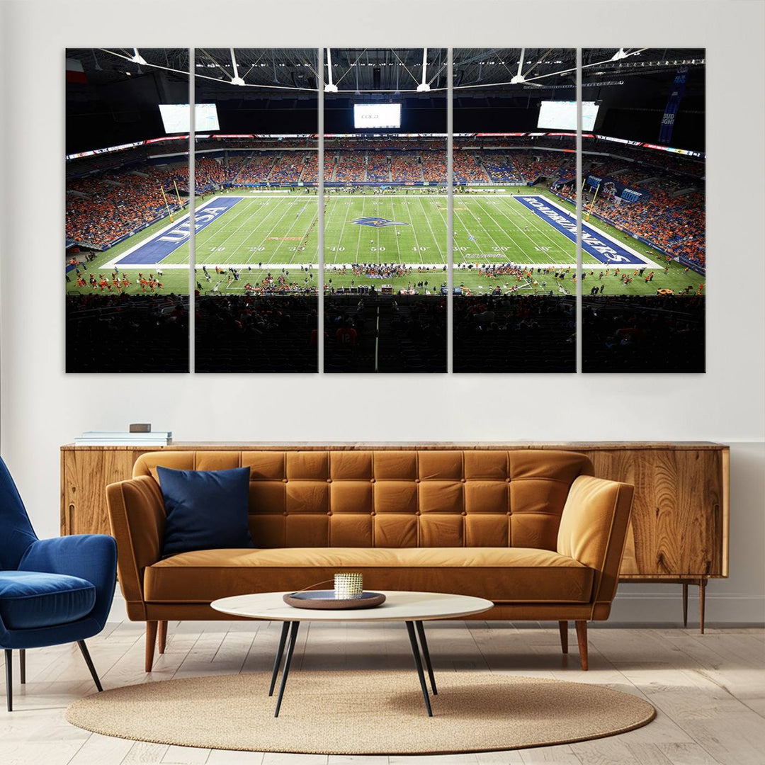 The UTSA Roadrunners game at Alamodome canvas print captures the scene from above, displaying fans and the UTSA lettering on the field.