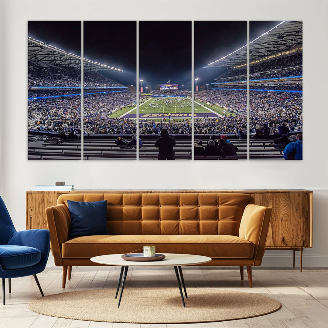 A canvas print titled The University of Washington Huskies Football depicts a packed Husky Stadium at night, as seen from the stands.