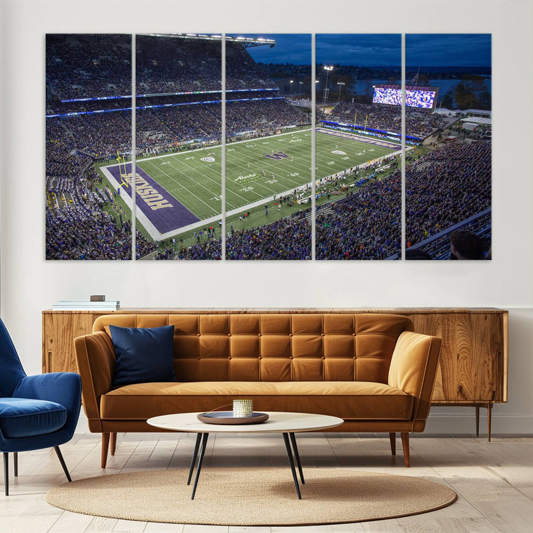 The University of Washington Huskies Football Team Print: Seattle Husky Stadium Wall Art Canvas captures a dusk stadium view.