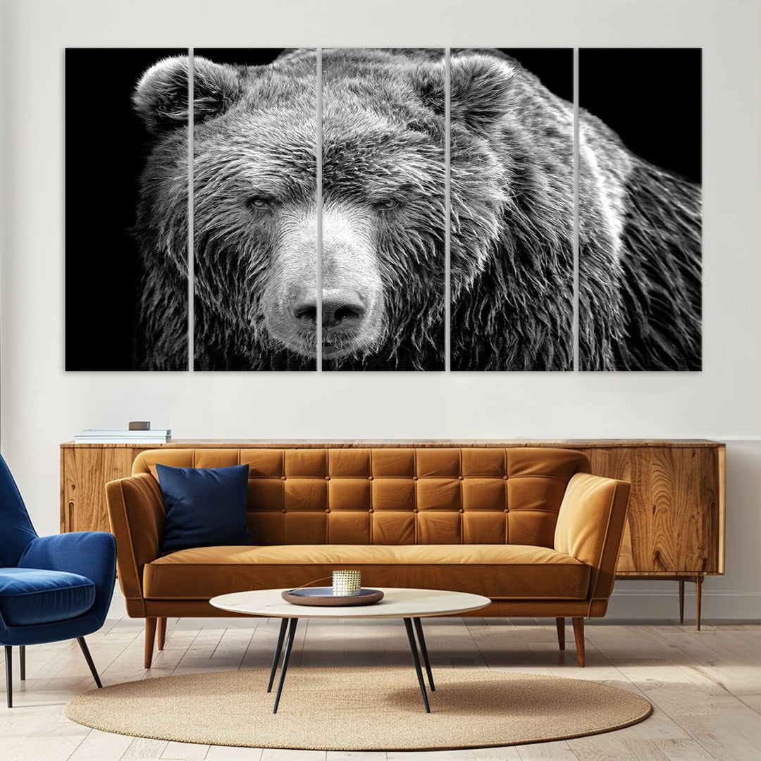 The 399 Grizzly Bear Canvas Print is displayed prominently on a wall in a modern living room.