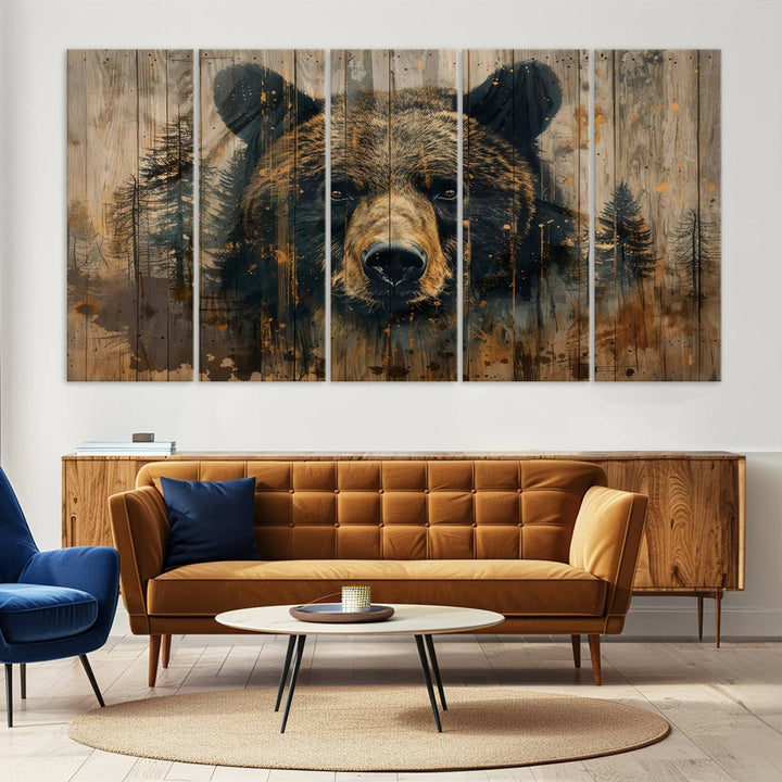 The Abstract 399 Bear Wall Art, featuring a rustic cabin theme with forest design, is framed and ready to hang. It's ideal for lodge, cabin, and barn decor and perfectly complements the nature lover's aesthetic.