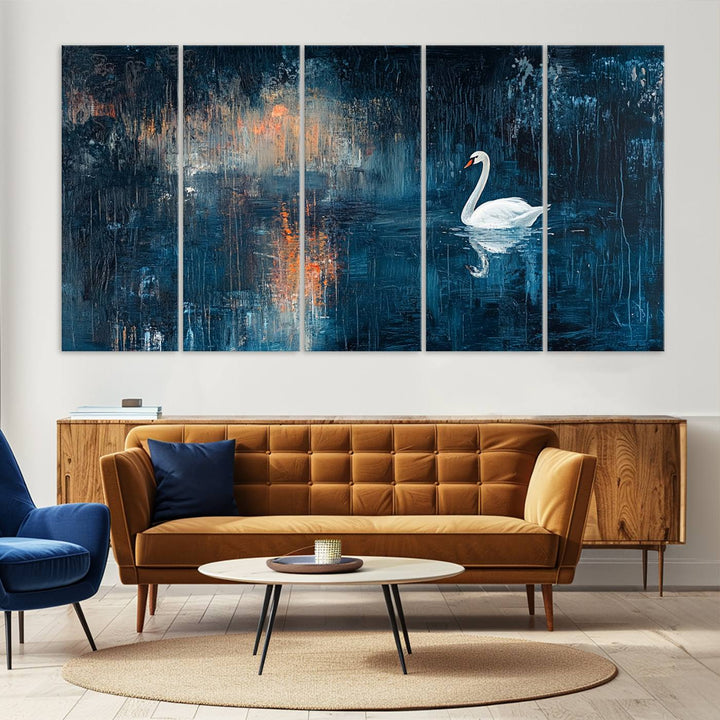 Abstract Swan Wall Art | Moody Blue and Orange Swan Painting on Canvas | Framed and Ready to Hang | Elegant and Modern Art for Living Room or Bedroom Decor