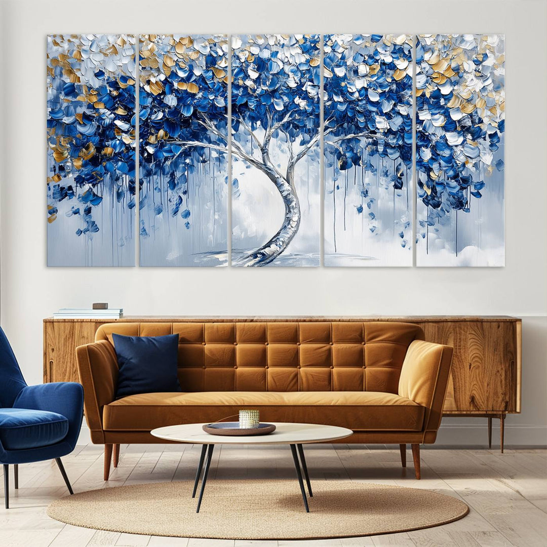 Elegant Blue and Gold Abstract Tree Wall Art | Textured Modern Tree of Life Painting | Framed Canvas Print | Ready to Hang for Dining Room Decor