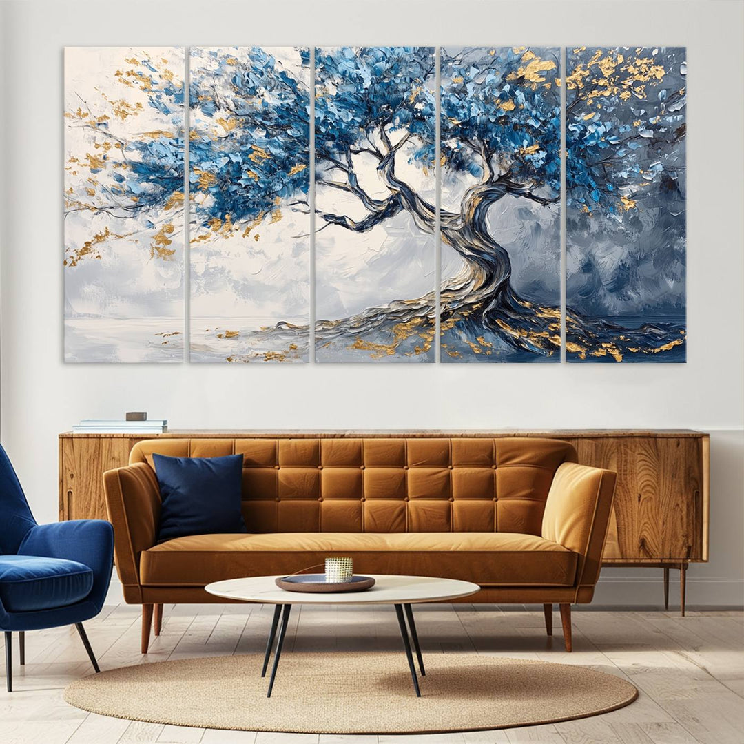 Elegant Abstract Tree Canvas Wall Art | Tree of Life Painting | Textured Art in Blue and Gold | Framed & Ready to Hang for Modern Living Room Decor