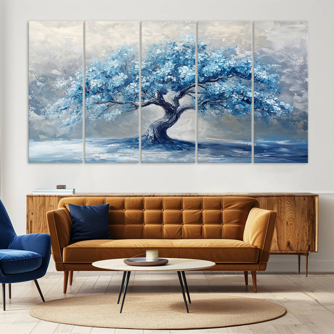 Serene Abstract Blue Tree Wall Art | Canvas Print of a Majestic Tree in Blue Hues | Perfect for Farmhouse, Coastal, and Modern Decor