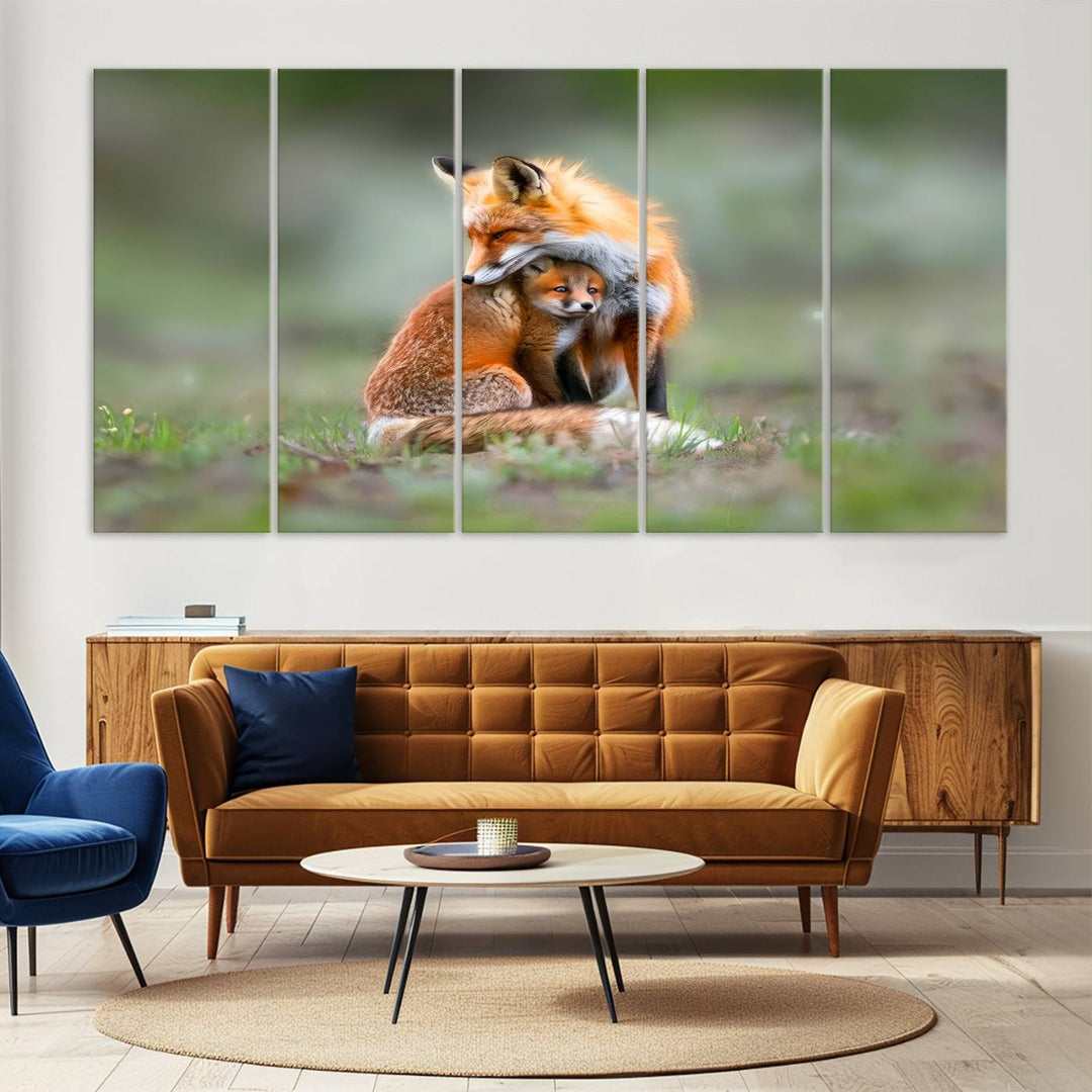 Heartwarming Fox and Baby Cub Wall Art | Ready to Hang Canvas Print of Foxes in Nature | Perfect for Animal Lovers, Rustic Decor, and Cabin Wall Art