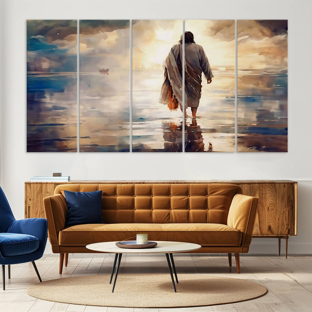 Jesus Walking on Water Wall Art | Ready to Hang Spiritual Triptych Canvas Print | Inspirational Christian Decor for Home or Church