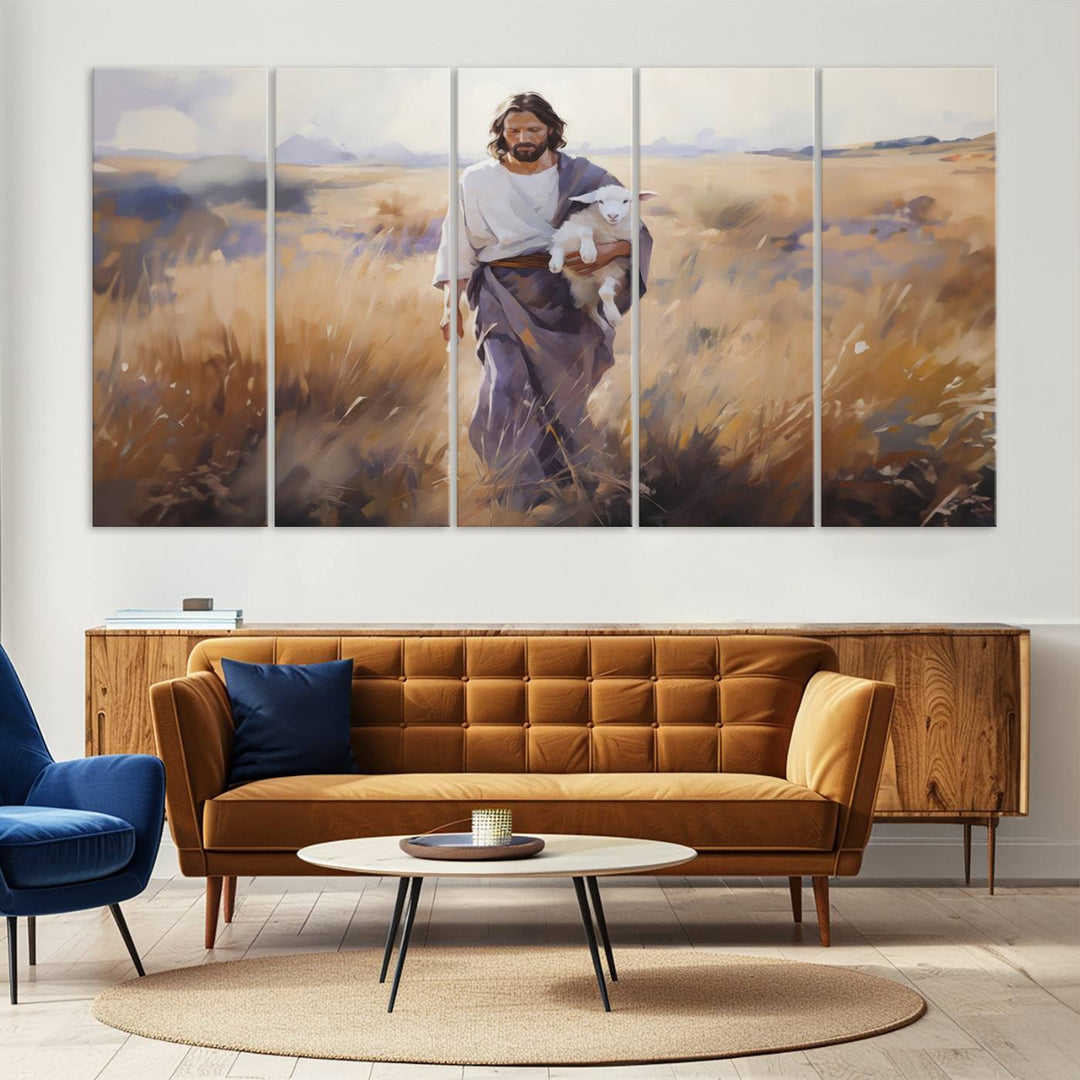 Jesus the Good Shepherd Wall Art Canvas Print - Lost Lamb  Print for Prayer Room Decor