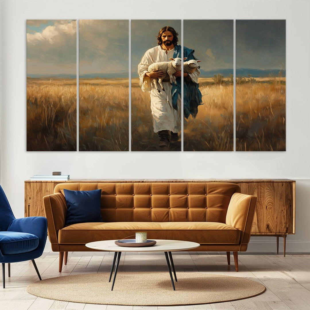 Jesus Shepherd Wall Art | Ready to Hang Triptych Canvas of Jesus Holding a Lamb in a Field | Inspirational Christian Decor for Home