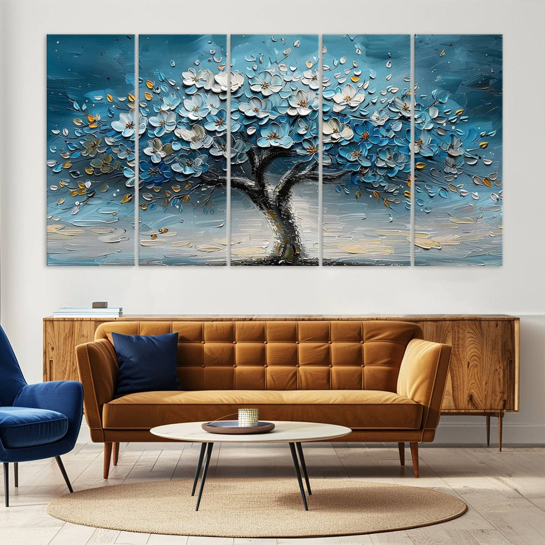 Abstract Blooming Tree Wall Art Print features blue, white, and gold textures on museum-quality canvas, perfect for modern decor.