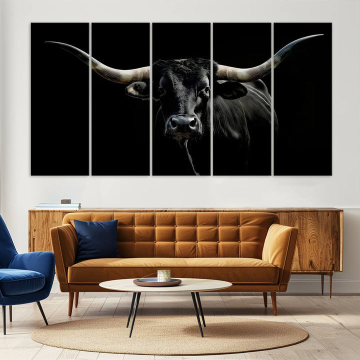 Texas Black Longhorn Bull Wall Art Canvas Print - Western Texas Cattle Rustic Decor Print - Longhorn Cow Wall Art