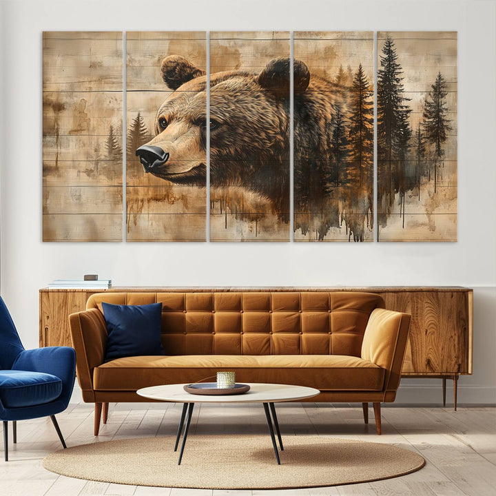 Abstract Rustic Grizzly Bear Wall Art Canvas Print - Woodland Wildlife Forest Print for Farmhouse Decor