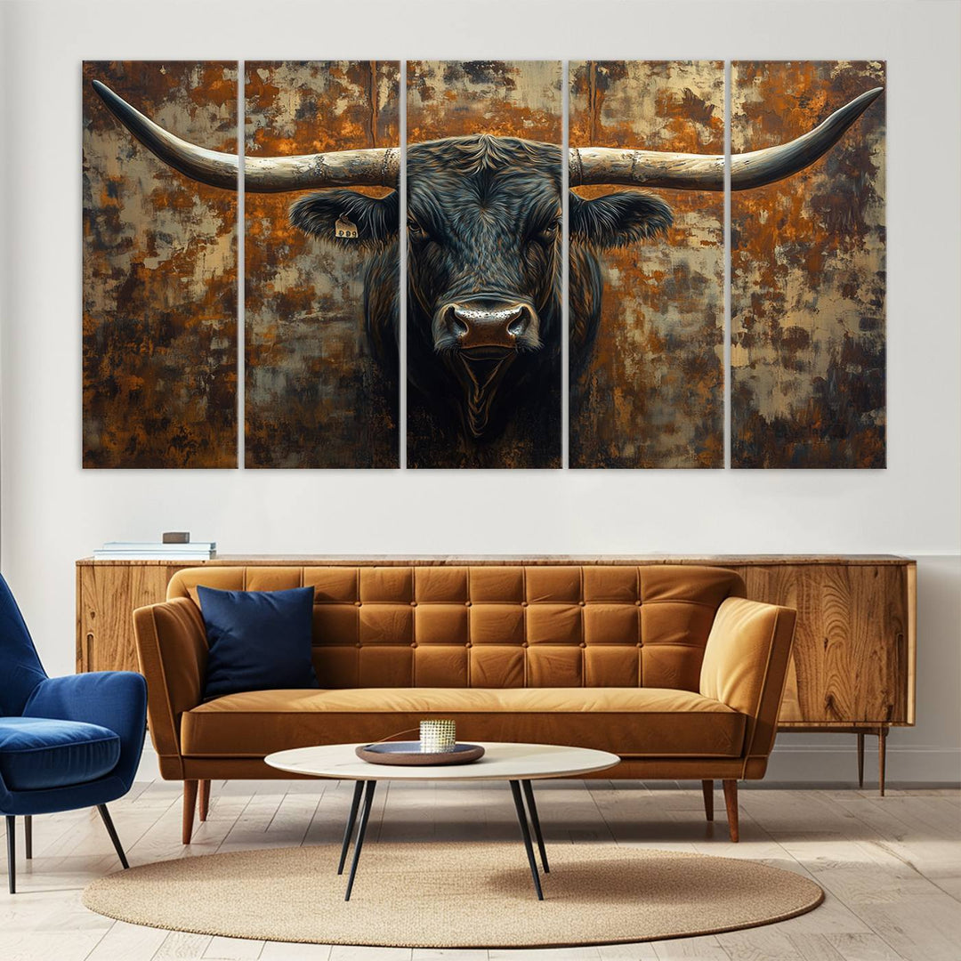 Abstract Longhorn Texas Bull Wall Art | Rustic Farmhouse Canvas Print | Ready to Hang Barn Decor for Farmhouse and Cabin Style