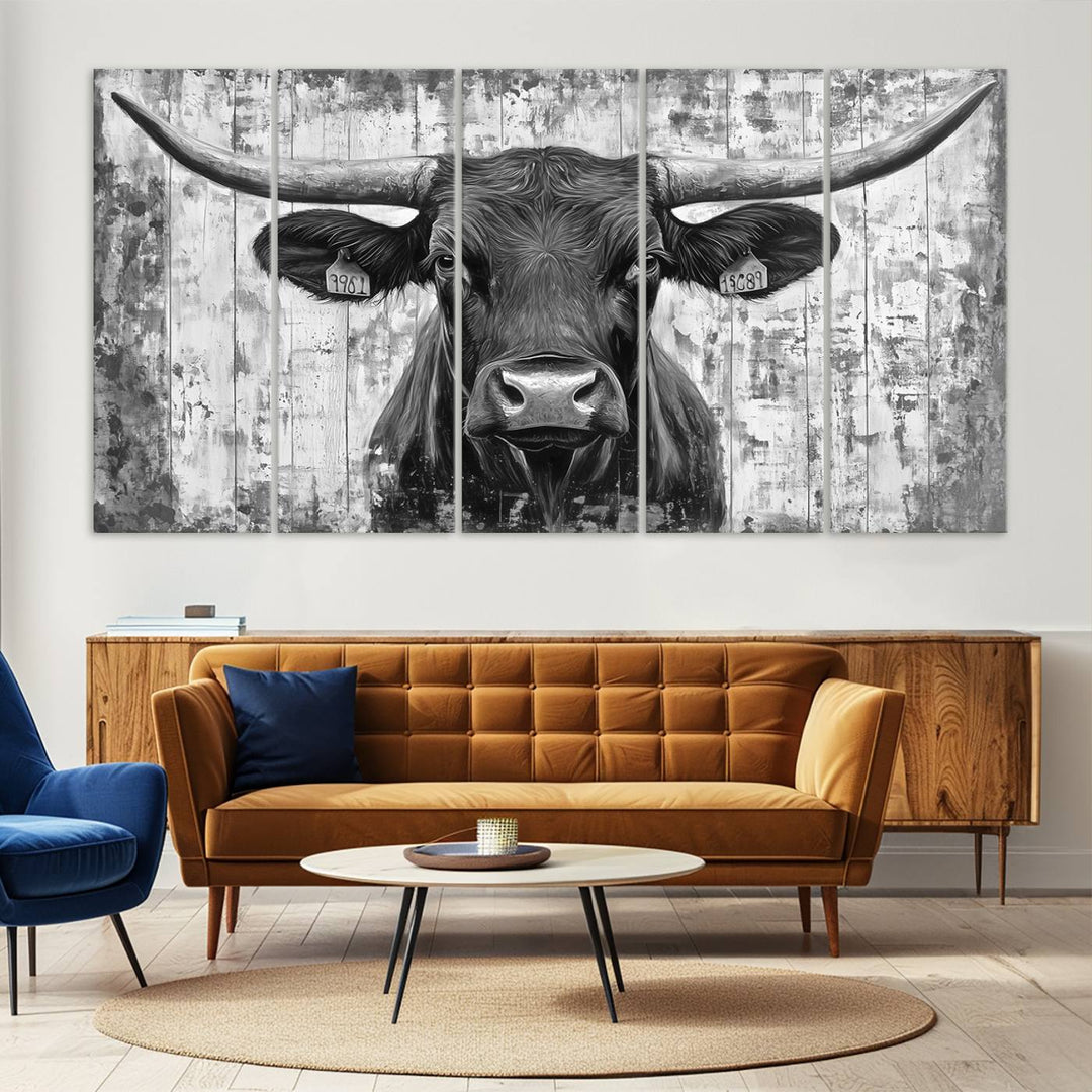 Abstract Longhorn Bull Wall Art Canvas Print - Rustic Texas Western Cow Artwork